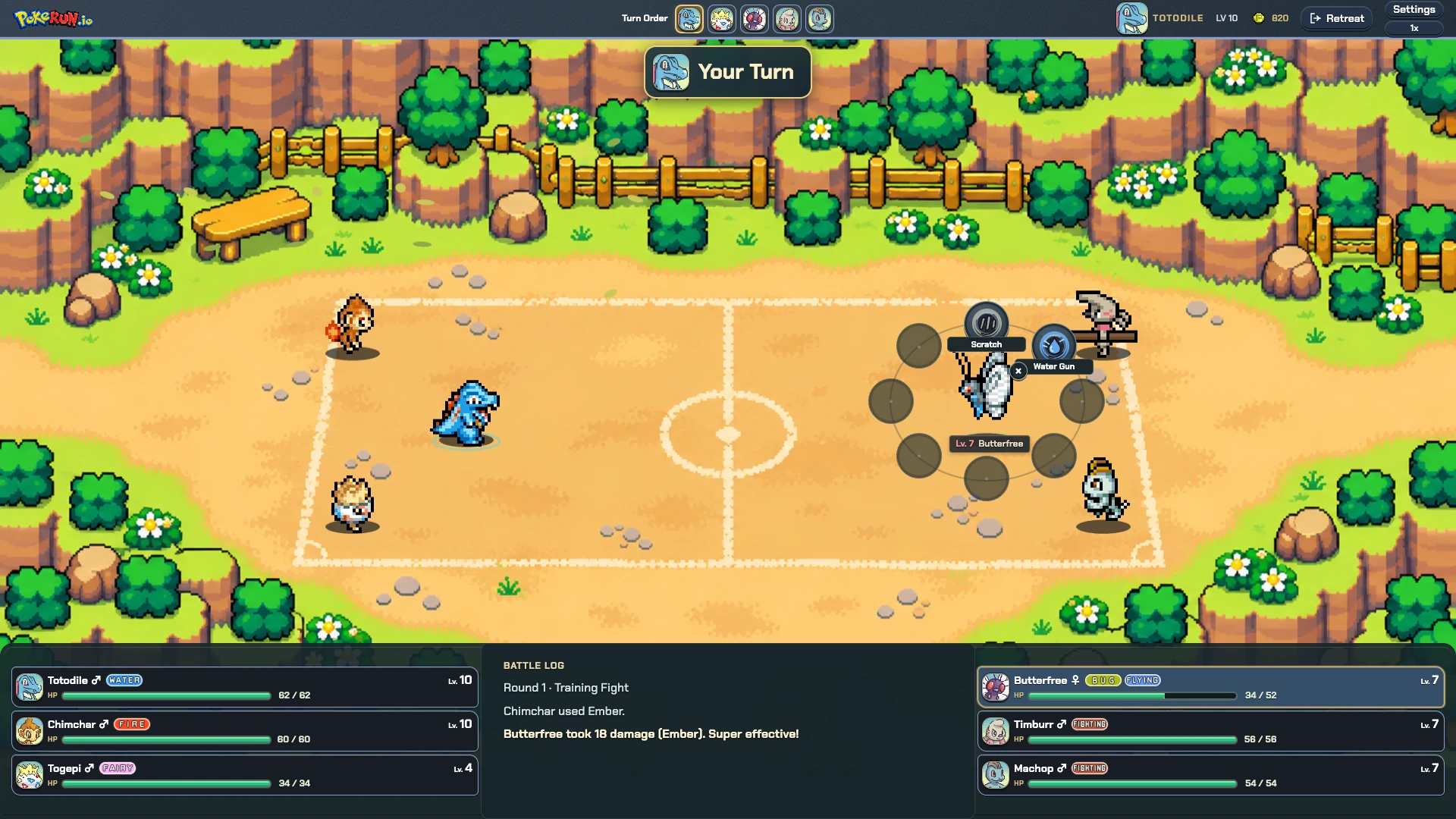 Totodile, Chimchar, and Togepi facing Butterfree, Timburr, and Machop in a training battle, with an opponent selected and the move menu open.